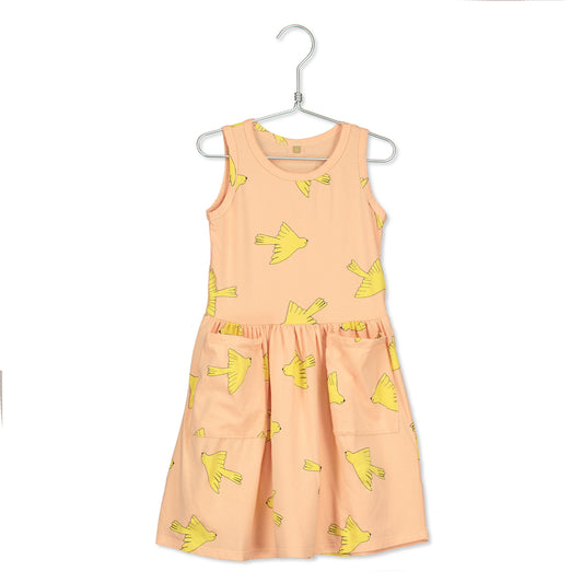 Neon Peach Birds Sleeveless Dress (4-5 left)