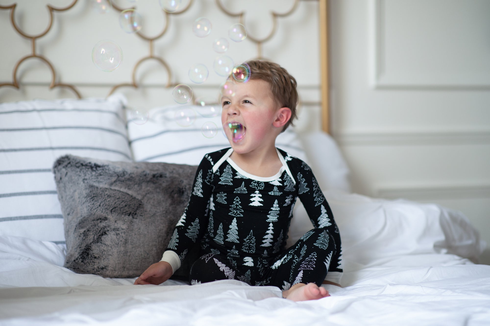 Image of toddler in Winter Pines PJs from Peregrine Kidswear