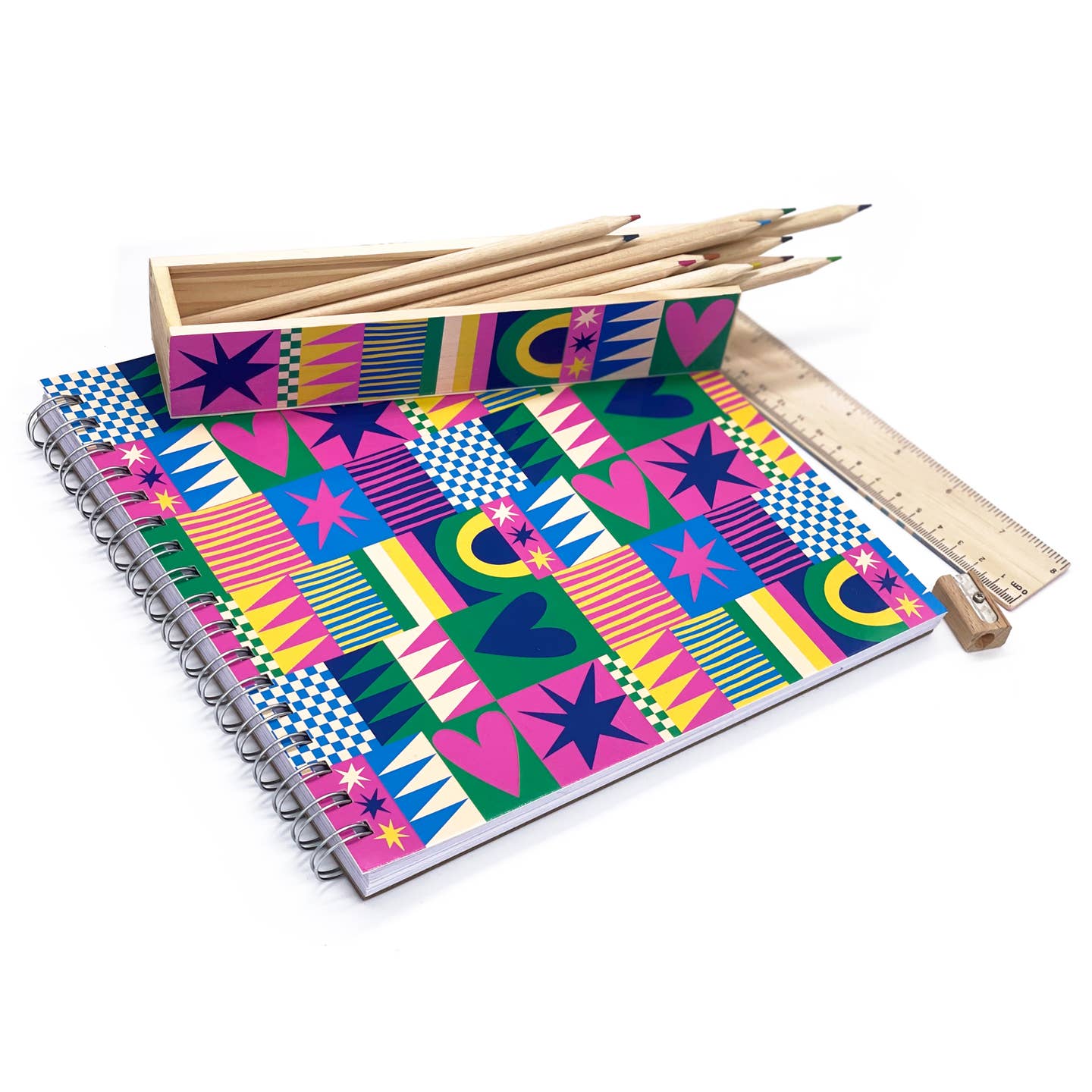 Geo Love Pencil Box (plus 12 colored pencils, sharpener, and ruler)