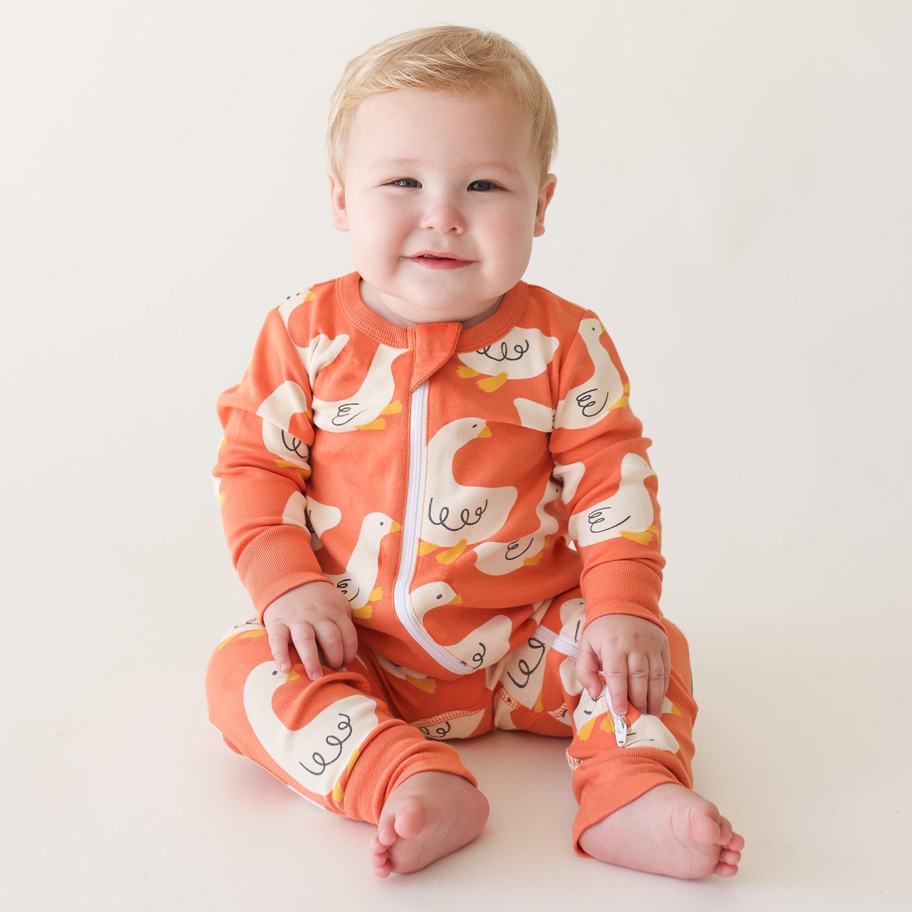 Signature Print Two Way Zip Romper with Mitts - Goose