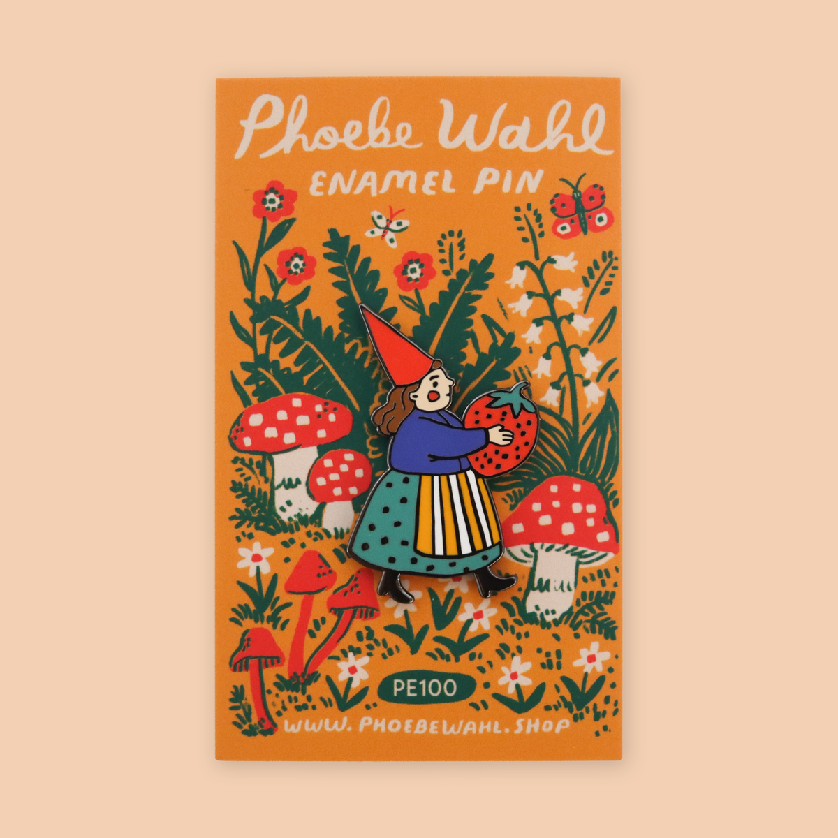 Strawberry gnome enamel pin