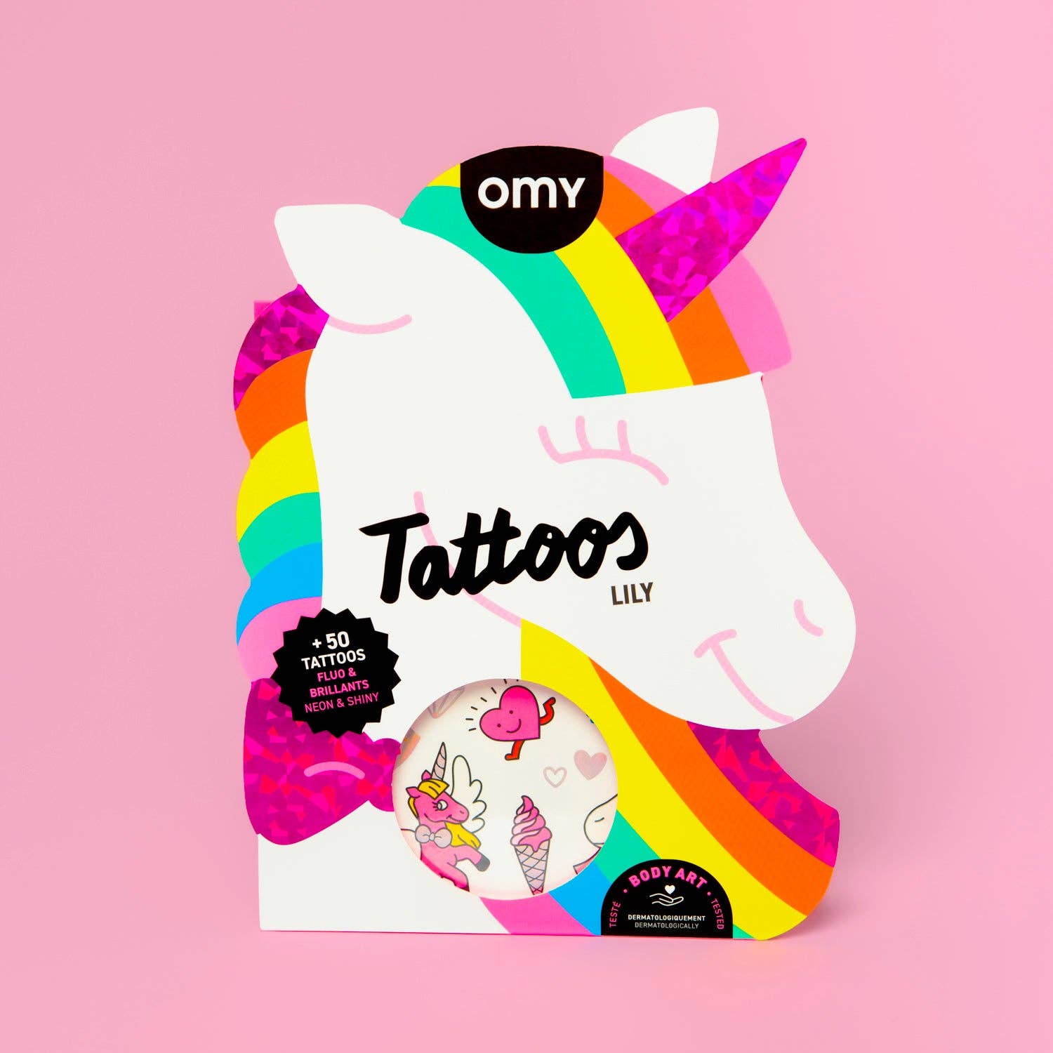 Unicorn-shaped tattoo book with colorful design on a pink background