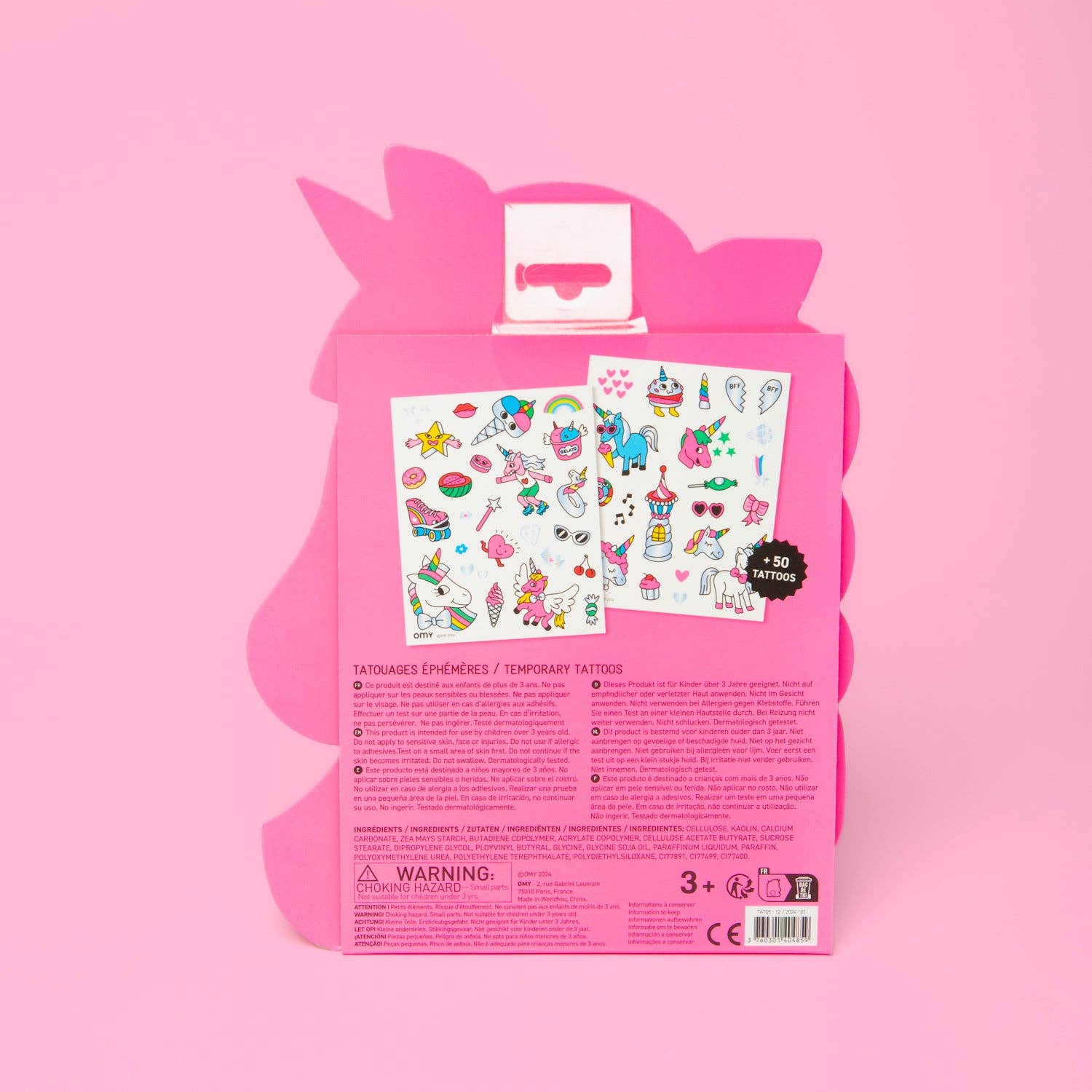Pink packaging with cartoon character and temporary tattoos on a pink background