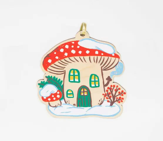 Phoebe Wahl Winter Mushroom House Wooden Ornament