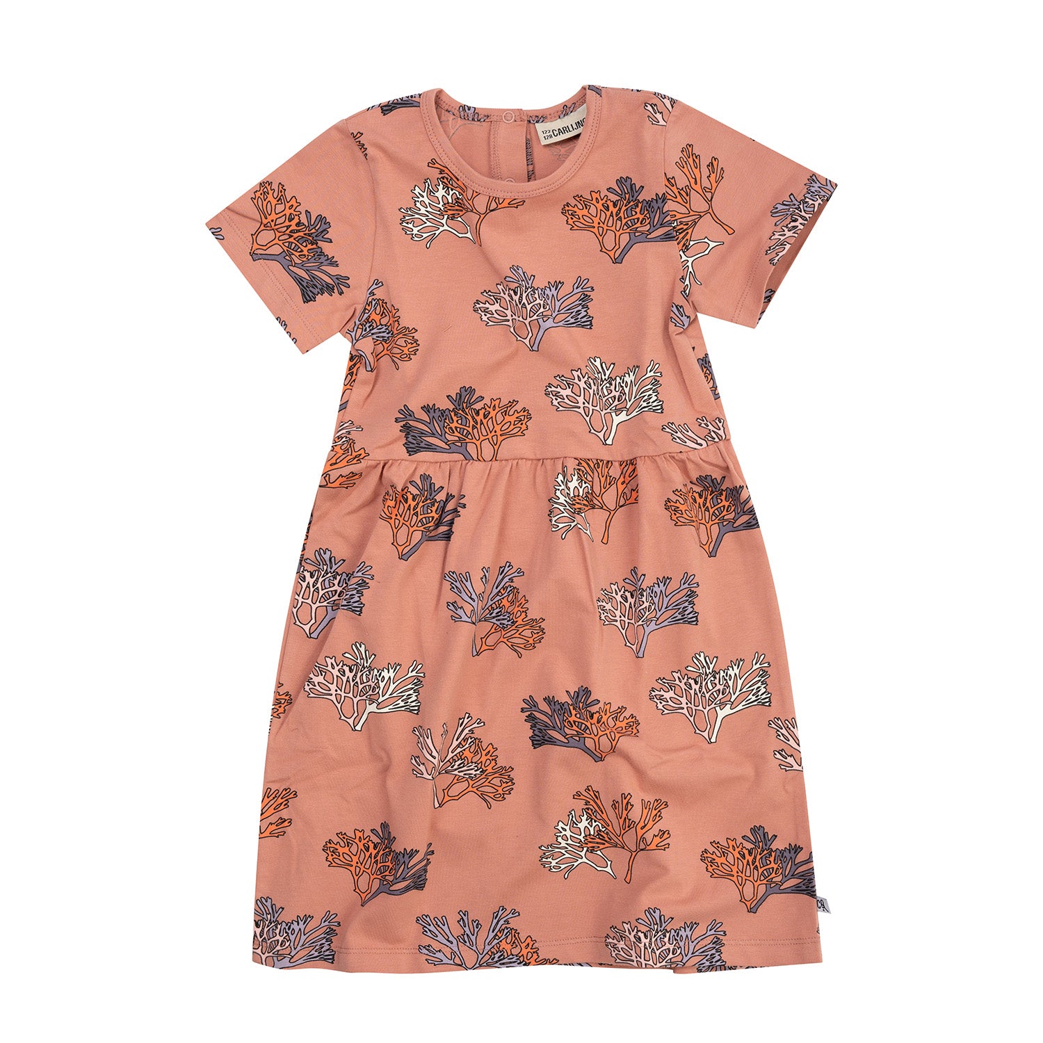 A flatlay of a pink dress with short sleeves and a print of sea coral.