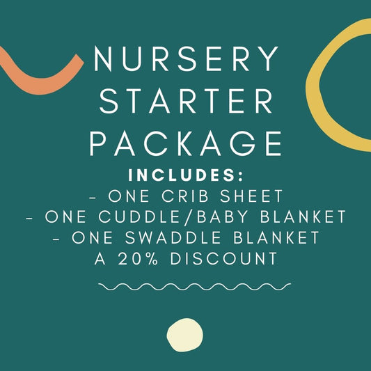 Promo for Nursery Starter Package. One crib sheet, one blanket, one swaddle blanket and 20% discount